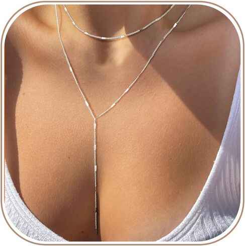 Gold Necklace for Women, Dainty Long Necklace 14k Gold Plated/Silver Y-Shaped Pendant Necklace Trendy Layered Cz Beaded Chain Lip chain Drop Necklaces for Women Gift Jewelry in Saudi Arabia