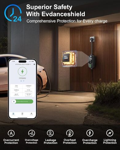 Level 1 & 2 Portable EV Charger (12A/16A), Smart App Control & WiFi/Bluetooth Enabled, 25ft Cable, ETL Listed J1772 EVSE for All EVs & PHEVs (16A Smart | NEMA 5-15 & 6-20 (Standard Home Plug)) in Saudi Arabia