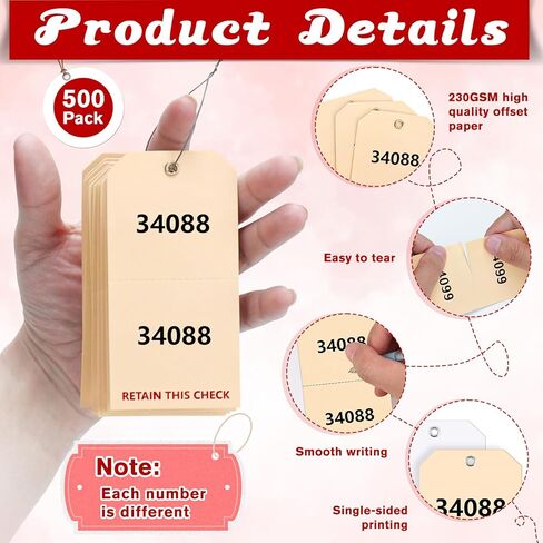 علامات ركن السيارات المكررة 2 3/8 × 4 3/4 بوصة مع علامات فحص معطف السلك لتصاريح السيارات، فحص معطف إصلاح التذاكر، تكرار الأمتعة الورقية المرقمة على التوالي (100، مانيلا) in Kuwait