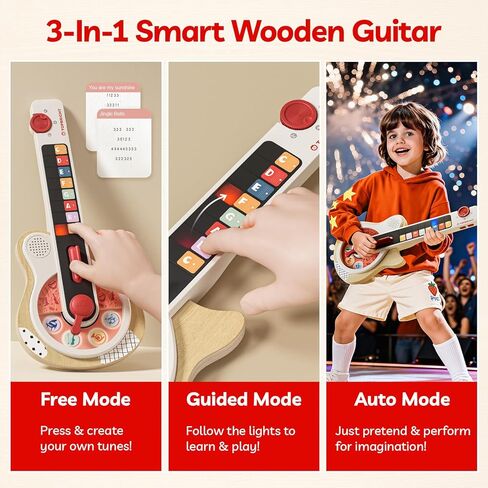 TOPBRIGHT Wooden Kids Guitar, Musical Toys for Toddlers 2-4 with 8 Chord Touch, 3 Play Modes and LED Light, Music Instruments Educational Toys for 3 4 5 Year Old Boys Girls Birthday in Saudi Arabia