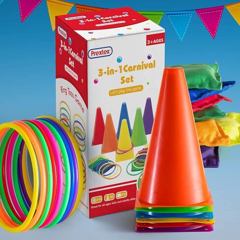 Prextex Multicolored 3-in-1 Yard Game Set - Ring Toss Game, Bean Bags, Cones - Outdoor Toys for Toddlers & Kids, Children's Indoor Play, Family Fun Carnival Games, Kids Party Cornhole Set, Lawn Games in Kuwait