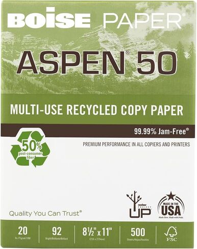 Boise® ASPEN® 50 Multi-Use Printer & Copy Paper, 1 Ream, White, Letter (8.5" x 11"), 500 Sheets Per Ream, 20 Lb, 92 Brig in Saudi Arabia