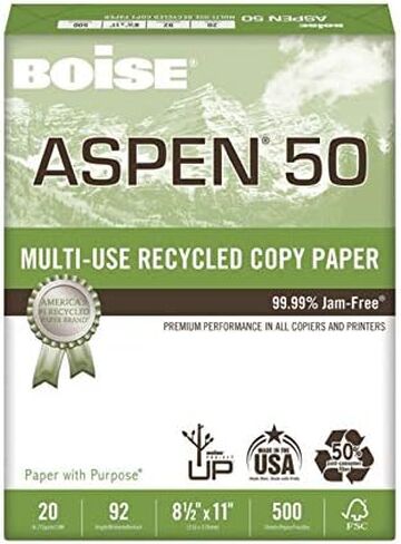 Boise® ASPEN® 50 Multi-Use Printer & Copy Paper, 1 Ream, White, Letter (8.5" x 11"), 500 Sheets Per Ream, 20 Lb, 92 Brig in Saudi Arabia