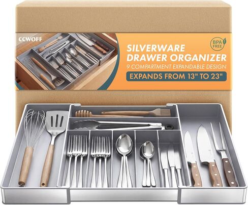 Heavy Duty Stainless Steel Frame Silverware Organizer with Plastic Body, Extra Large Silverware Drawer Organizer, 9 Slot Expandable Kitchen Drawer Organizer, 8 Non-Slip Feet Included, BPA Free, Gray in Saudi Arabia