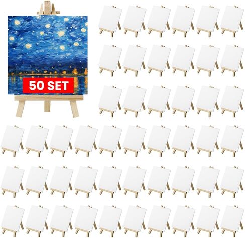50 Pack Mini Canvas with Easel Bulk, 4 x 4 Inch Mini Canvases for Painting with Wood Easels, Small Canvas and Easle Set for Painting Crafts in Kuwait