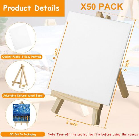 50 Pack Mini Canvas with Easel Bulk, 4 x 4 Inch Mini Canvases for Painting with Wood Easels, Small Canvas and Easle Set for Painting Crafts in Kuwait