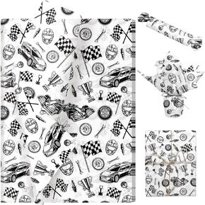 Racing Car Tissue Paper 100 Sheets for Gift Bag, Black and White Automotive Theme Wrapping Paper with Checkered Flag, Car Tissue Paper for Gift Wrapping, Party Decor, Craft Projects, 20"×14" in Saudi Arabia