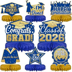Blue and Gold 8 Pieces Graduation Table Decorations, Class of 2026 Congrats Grad Honeycomb Centerpieces, GRAD Table Toppers Decor for Graduation Party Decorations Favor Supplies in Saudi Arabia