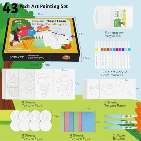 joibabe Magic Foam Texture Painting Kit, 43 - Piece: 28 Sheets 3D Sponge Drawing Paper, 12 Acrylic Markers, 3 Water Brushes, DIY Craft Set for Teens Adults, Christmas/Birthday Gift in Saudi Arabia