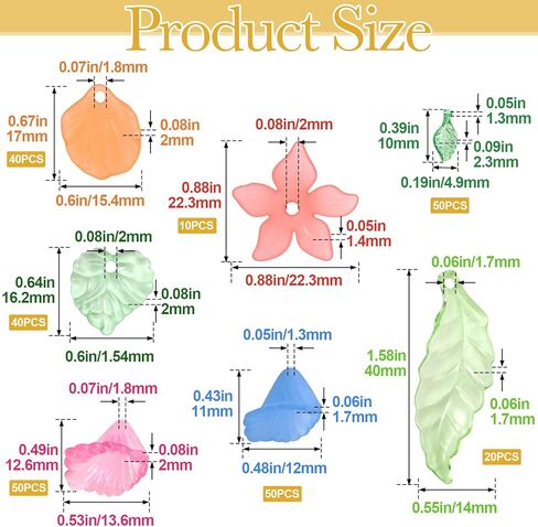 260pcs Acrylic Flower Leaf Assorted Beads, Frosted Green Leaf Beads for Beaded Plants, Colorful Flower Pendant Charms Assortments for DIY Crafts Jewelry Making Bracelet Earring Necklace in Kuwait
