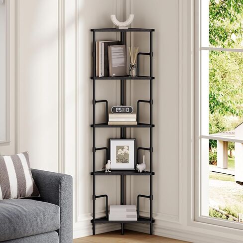 65" Corner Shelf, 6-Tier Industrial Corner Bookshelf with Metal Frame, Small Plant Stand, Display Shelf for Living Room, Bedroom, Home Office, Small Spaces, Rustic Brown CSHR6601 in Saudi Arabia