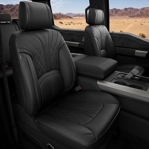 أغطية مقاعد جلدية من FREESOO لسيارة Ford F150 SuperCrew 2015-2026 & F250/F350/F450 Super Duty Crew Cab 2017-2026، أغطية مقاعد مقاومة للماء مجموعة كاملة مع دعم قطني لشاحنات الالتقاط، أسود in Kuwait