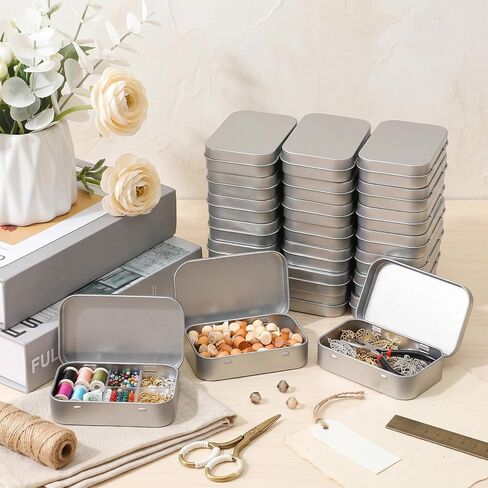 50 Pack Metal Empty Hinged Tins, 3.74x2.36x0.86 Inch Silver Mini Tin Box Bulk Small Empty Rectangular Metal Tins with Lids, Portable Organizer Containers for Storage Mint Candy Pins Jewelry Crafts in Kuwait