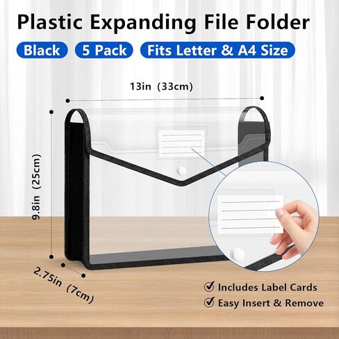 Binditek 5 Pack Plastic Expanding Folders, Expandable Document Folder with Snap Button Closure, Large Capacity with Label Pocket, Fit Letter & A4 Size, Black Edge in Saudi Arabia