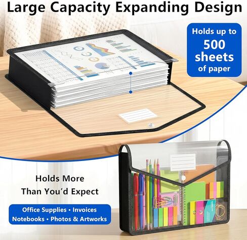 Binditek 5 Pack Plastic Expanding Folders, Expandable Document Folder with Snap Button Closure, Large Capacity with Label Pocket, Fit Letter & A4 Size, Black Edge in Saudi Arabia
