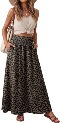 Lepunuo Maxi Skirts for Women Smocked Elastic High Waisted Casual Boho Swing Pleated Beach Long Skirts with Pockets in Saudi Arabia