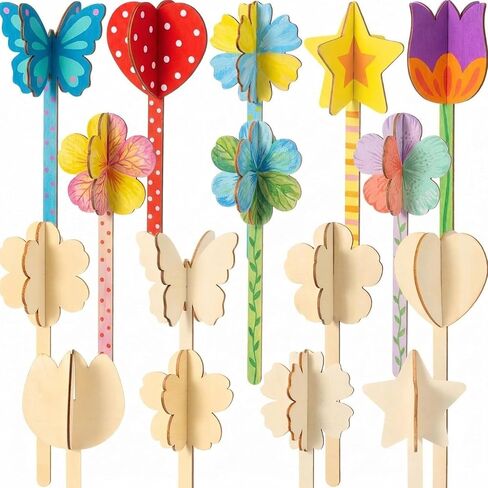 DoubleFill 16 Set DIY Wood Flowers Plant Stakes 3D Paintable Wooden Butterfly Cutouts Spring Flower Pot Unfinished Wood Ornament Fairy Wands Crafts for Painting Gift in Saudi Arabia