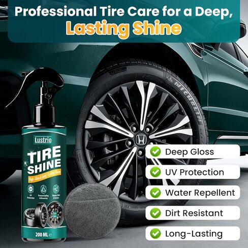 Tire Shine Spray 7oz – Oil Based Dressing for Wet Look & UV Protection – Restores Black on Tires, Rubber Trims & Bumpers – Long Lasting, Non-Sticky – Includes Sponge & Gloves in Saudi Arabia