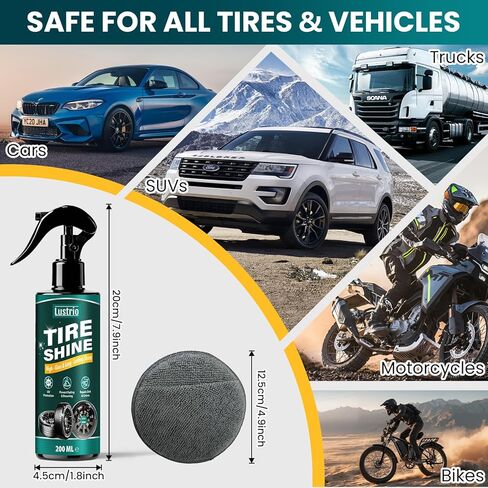 Tire Shine Spray 7oz – Oil Based Dressing for Wet Look & UV Protection – Restores Black on Tires, Rubber Trims & Bumpers – Long Lasting, Non-Sticky – Includes Sponge & Gloves in Saudi Arabia