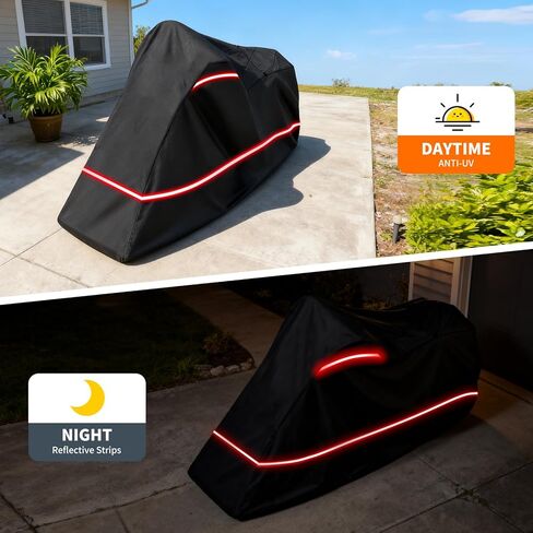 Full Enclosed Motorcycle Cover - Waterproof for Outdoor & Indoor Storage,Heavy 600D Duty with Reflective Strips,Fits Scooters & Touring Motorcycles up to Length96.5" x 45" x 53"Black in Saudi Arabia