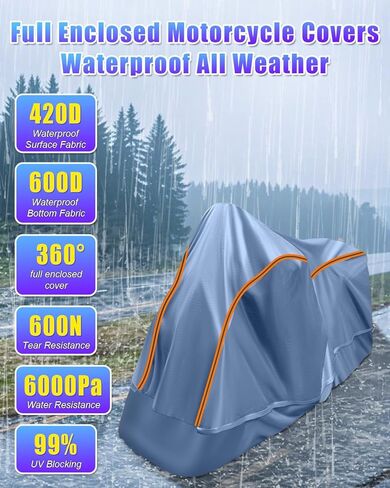 Full Enclosed Large Motorcycle Cover Waterproof Outdoor/Indoor Storage Waterproof Motorcycle Cover Heavy Duty with Reflective Strips Fits Motorcycles Length up to 118" with Side+Top Box in Saudi Arabia