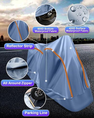 Full Enclosed Large Motorcycle Cover Waterproof Outdoor/Indoor Storage Waterproof Motorcycle Cover Heavy Duty with Reflective Strips Fits Motorcycles Length up to 118" with Side+Top Box in Saudi Arabia