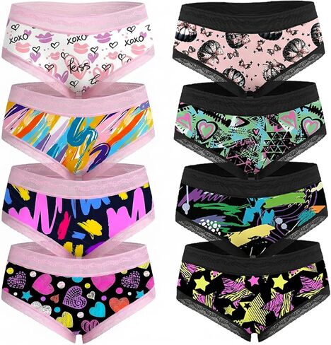 SYVIN Women 8pcs Cute Halloween Allover Skull Print Hipster Panties, Lace Trims Low Rise Bikini Comfortable Underwear in Saudi Arabia