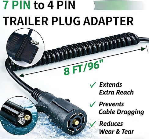 7 Pin to 4 Pin Trailer Adapter 8ft Coiled Cable, 7 Way Blade to 4 Way Flat Trailer Plug Adapter Waterproof, Heavy Duty Tow Light Wiring Trailer Connector for RV, Truck & Vehicles in Saudi Arabia
