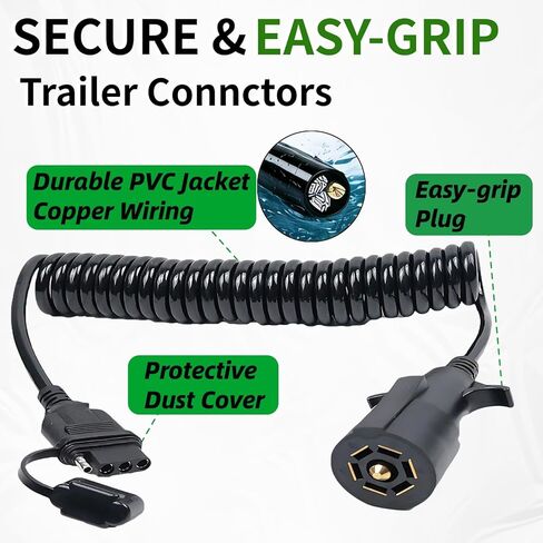 7 Pin to 4 Pin Trailer Adapter 8ft Coiled Cable, 7 Way Blade to 4 Way Flat Trailer Plug Adapter Waterproof, Heavy Duty Tow Light Wiring Trailer Connector for RV, Truck & Vehicles in Saudi Arabia