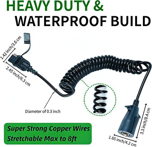 7 Pin to 4 Pin Trailer Adapter 8ft Coiled Cable, 7 Way Blade to 4 Way Flat Trailer Plug Adapter Waterproof, Heavy Duty Tow Light Wiring Trailer Connector for RV, Truck & Vehicles in Saudi Arabia