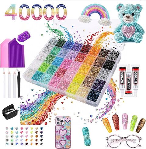 Bedazzling Kit 40000Pcs 40 Colors Jelly Rhinestones, 3mm Multicolor Resin Flatback Gems for Diamond Art with Storage Tray, Bazzling kit with 3Pcs 10ml B7000 Glue for Nail Art Crafting Book Shoes in Kuwait