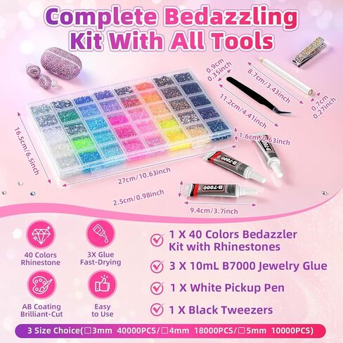 Bedazzling Kit 40000Pcs 40 Colors Jelly Rhinestones, 3mm Multicolor Resin Flatback Gems for Diamond Art with Storage Tray, Bazzling kit with 3Pcs 10ml B7000 Glue for Nail Art Crafting Book Shoes in Kuwait