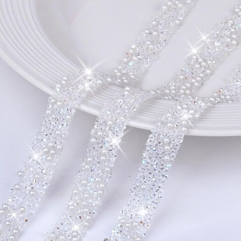 5 Rolls 5 Yards Rhinestone Strips, 0.47 Inch Shiny Lake Blue Diamond Tape, Bling Self Adhesive Crystal Trim, Pearls Rhinestone Tape for DIY Phone Cases & Crafts in Saudi Arabia
