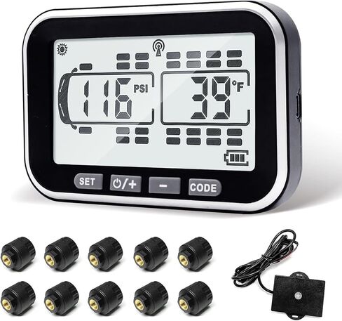 4.3" Trailer Tire Pressure Monitoring System with 10 Sensors, RV TPMS with 5 Alert Modes, Solar Power Wireless TPMS, 80ft Sensing Distance Tire Pressure Monitor for Trailers, Heavy Trucks in Saudi Arabia