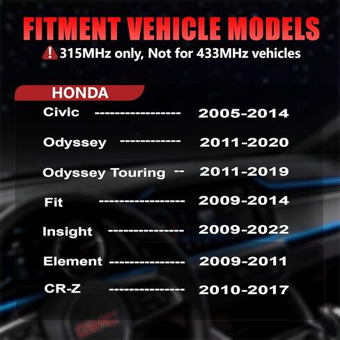 315 ميجا هرتز TPMS، مستشعر ضغط الإطارات المبرمج مسبقًا مناسب لسيارة Honda Civic (2005-2014)، Odyssey (2011-2020)، Fit (2009-2014)، Element (2009-2011)، Insight (2009-2022) (4 قطع) in Kuwait