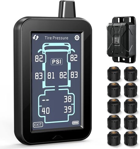 نظام مراقبة ضغط الإطارات GUTA RV، نظام مراقبة ضغط الإطارات مع شاشة LCD ملونة مقاس 4.3 بوصة تعمل باللمس، TPMS مع 10 أجهزة استشعار و6 أوضاع إنذار، معزز الإشارة، 0-188PSI للعجلة RV/المقطورة/العجلة الخامسة in Kuwait