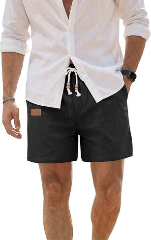 Mens Casual Beach Shorts Elastic Drawstring Waist Cotton Linen Shorts with Pockets in Saudi Arabia