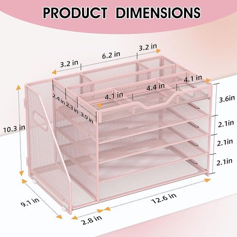 5 Tier Paper Letter Tray with File Holder and 3 Drop-in Pen Holders, Mesh Desk File Organizer with Handle, Desk Organizers and Accessories for School,Home, Office Supplies Storage-Pink in Saudi Arabia