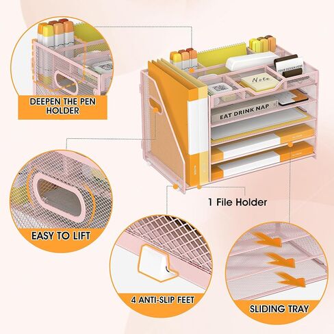 5 Tier Paper Letter Tray with File Holder and 3 Drop-in Pen Holders, Mesh Desk File Organizer with Handle, Desk Organizers and Accessories for School,Home, Office Supplies Storage-Pink in Saudi Arabia