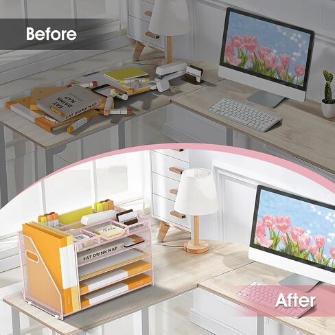 5 Tier Paper Letter Tray with File Holder and 3 Drop-in Pen Holders, Mesh Desk File Organizer with Handle, Desk Organizers and Accessories for School,Home, Office Supplies Storage-Pink in Saudi Arabia