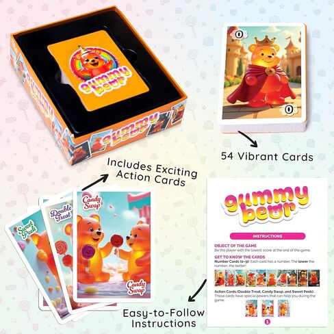 لعبة Point Games Gummy Bear Card Game، لعبة ممتعة لاستراتيجية الرياضيات والذاكرة للأطفال والعائلات - تتضمن 54 بطاقة وبطاقات عمل - للأعمار من 6 سنوات فما فوق - من 2 إلى 6 لاعبين in Kuwait