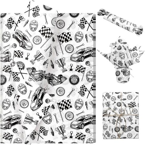 Racing Car Tissue Paper 100 Sheets for Gift Bag, Black and White Automotive Theme Wrapping Paper with Checkered Flag, Car Tissue Paper for Gift Wrapping, Party Decor, Craft Projects, 20"×14" in Saudi Arabia