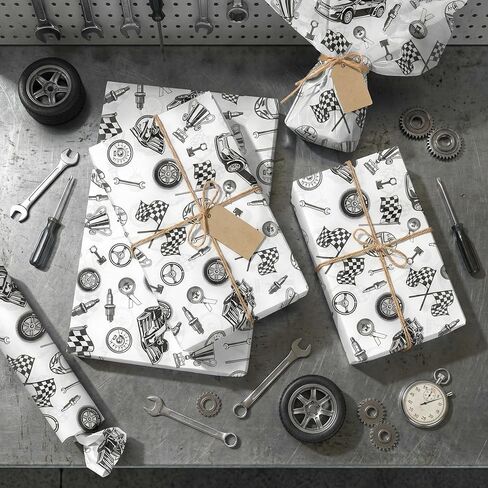 Racing Car Tissue Paper 100 Sheets for Gift Bag, Black and White Automotive Theme Wrapping Paper with Checkered Flag, Car Tissue Paper for Gift Wrapping, Party Decor, Craft Projects, 20"×14" in Saudi Arabia