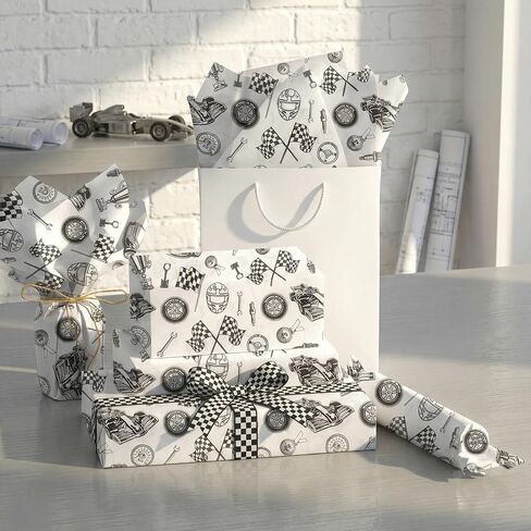 Racing Car Tissue Paper 100 Sheets for Gift Bag, Black and White Automotive Theme Wrapping Paper with Checkered Flag, Car Tissue Paper for Gift Wrapping, Party Decor, Craft Projects, 20"×14" in Saudi Arabia