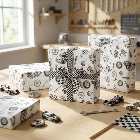Racing Car Tissue Paper 100 Sheets for Gift Bag, Black and White Automotive Theme Wrapping Paper with Checkered Flag, Car Tissue Paper for Gift Wrapping, Party Decor, Craft Projects, 20"×14" in Saudi Arabia