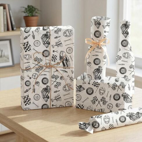 Racing Car Tissue Paper 100 Sheets for Gift Bag, Black and White Automotive Theme Wrapping Paper with Checkered Flag, Car Tissue Paper for Gift Wrapping, Party Decor, Craft Projects, 20"×14" in Saudi Arabia