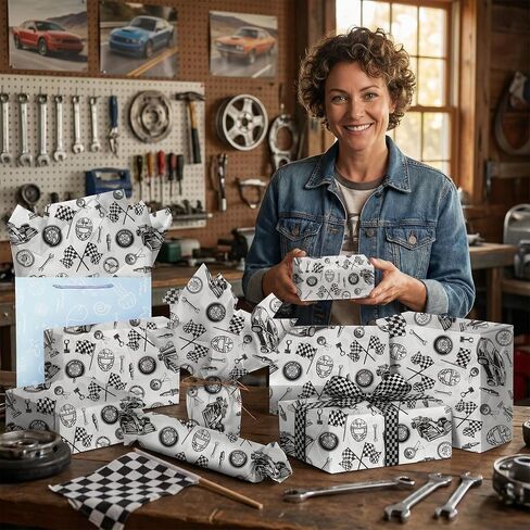 Racing Car Tissue Paper 100 Sheets for Gift Bag, Black and White Automotive Theme Wrapping Paper with Checkered Flag, Car Tissue Paper for Gift Wrapping, Party Decor, Craft Projects, 20"×14" in Saudi Arabia