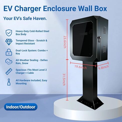 حاوية شاحن EV خارجي مع قفل بكلمة مرور رئيسية، صندوق حماية لشحن المركبات الكهربائية من الفولاذ قائم على الأرض، لوحة أمامية من الزجاج المقسى، مرئية، سهلة التركيب، أسود in Kuwait