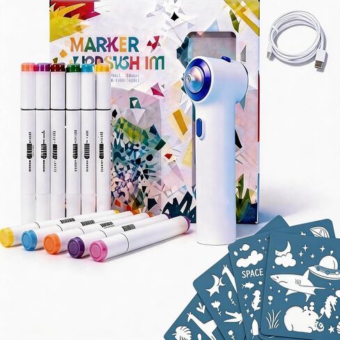 Chamii Marker Airbrush & Graffiti Pen Set: Rechargeable Electric Spray Art Kit with 12 Markers & 5 Stencils – Cordless DIY Creative Gift for Biginner in Saudi Arabia