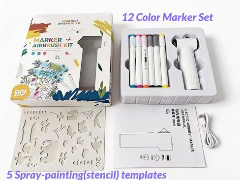 Chamii Marker Airbrush & Graffiti Pen Set: Rechargeable Electric Spray Art Kit with 12 Markers & 5 Stencils – Cordless DIY Creative Gift for Biginner in Saudi Arabia